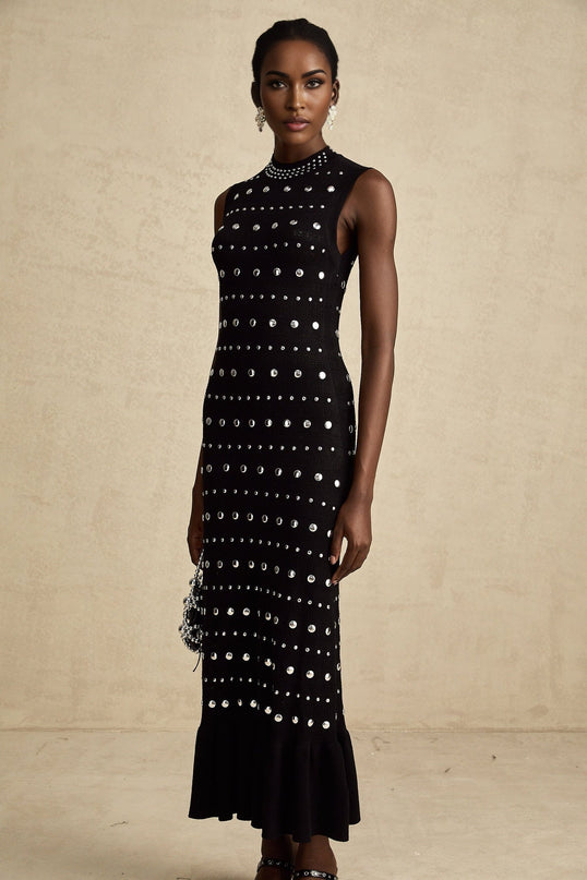 Fiorella Black Crochet Knit Maxi Dress with Stud Embellishments and Ruffled Hem