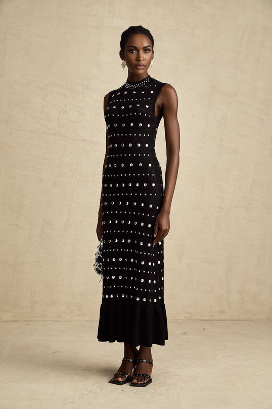 Fiorella Black Crochet Knit Maxi Dress with Stud Embellishments and Ruffled Hem