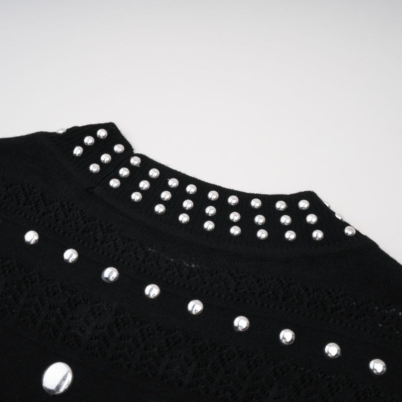 Fiorella Black Crochet Knit Wool Maxi Dress with Stud Embellishments and Ruffled Hem