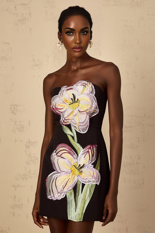 Fiorella Black Floral Embroidered Sequin Mini Dress
