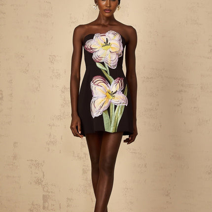 Fiorella Black Floral Embroidered Sequin Mini Dress Terylene Fiber Off-Shoulder Sleeveless Special Occasion