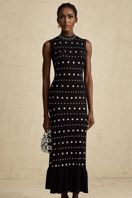 Fiorella Black Wool Crochet Knit Maxi Dress with Stud Embellishments and Ruffled Hem
