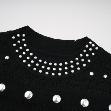 Fiorella Black Wool Crochet Knit Maxi Dress with Stud Embellishments and Ruffled Hem
