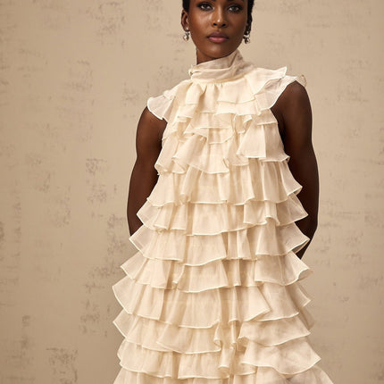 Fiorella Neutrals Mini Dress with Flounce Trim and Tiered Design