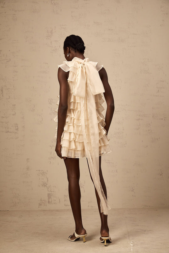 Fiorella Neutrals Flounce Trim Tiered Mini Dress