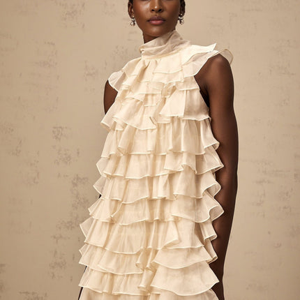 Fiorella Neutrals Mini Dress Sleeveless Flounce Trim Tiered Design Self-Tie Detail Rear Zip Fastening Thigh Length