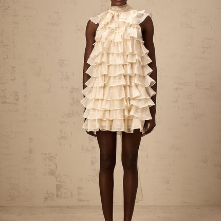 Fiorella Neutrals Mini Dress Sleeveless Flounce Trim Tiered Self-Tie Detail Rear Zip Fastening Thigh Length