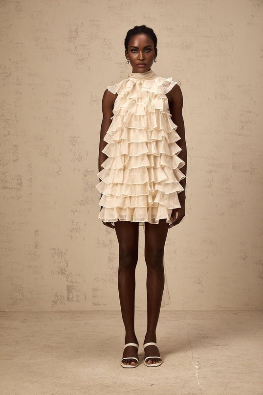 Fiorella Neutrals Mini Dress Sleeveless Flounce Trim Tiered Self-Tie Detail Rear Zip Fastening Thigh Length