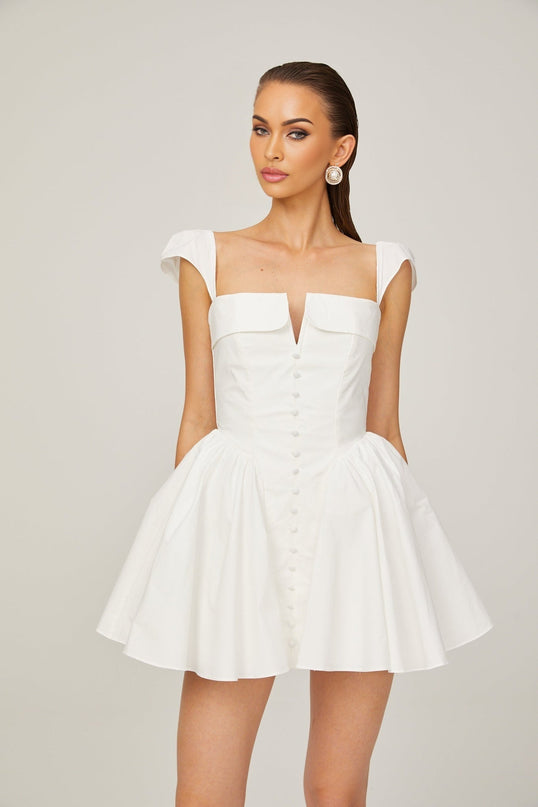 Fiorella White Mini Dress Sleeveless Boned Bodice Flared Skirt Decorative Buttons