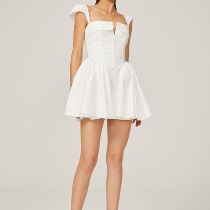 Fiorella White Mini Dress Sleeveless Elastic Detailing Boned Bodice Pleat Flared Skirt Decorative Buttons Rear Zip Fastening Cotton Nylon Elastane