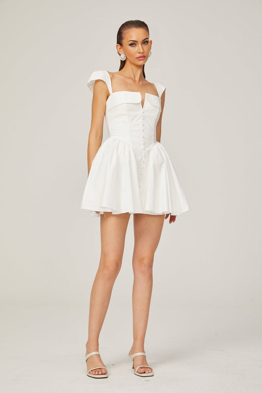 Fiorella White Mini Dress Sleeveless Elastic Detailing Boned Bodice Pleat Flared Skirt Decorative Buttons Rear Zip Fastening Cotton Nylon Elastane