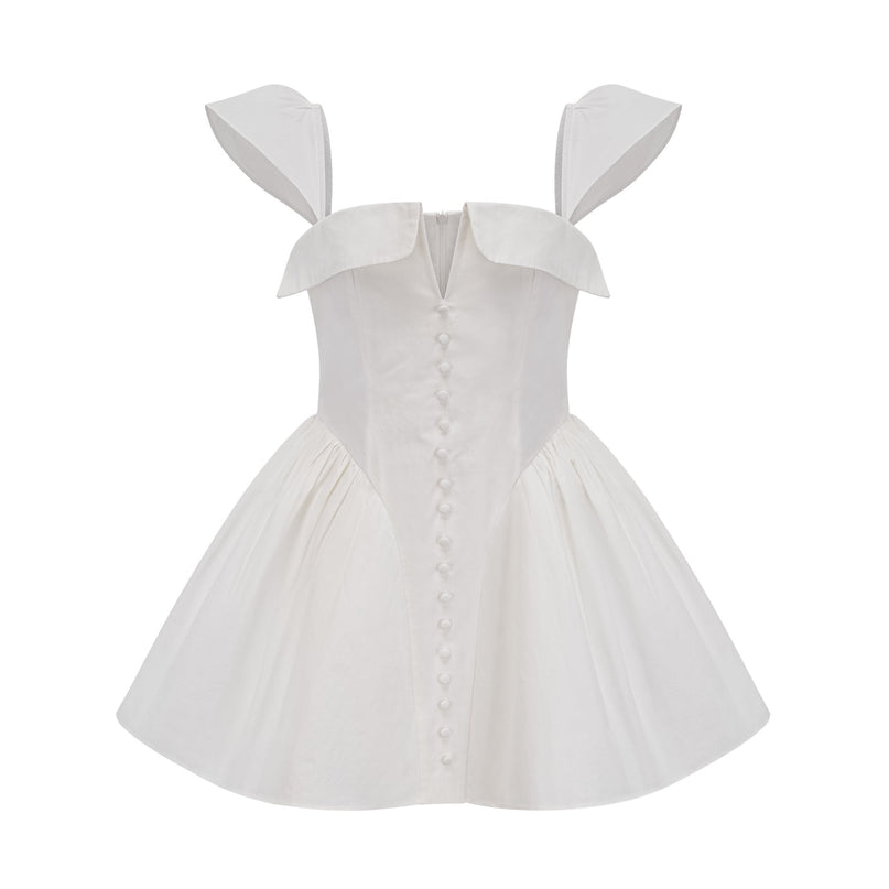 Fiorella White Mini Dress Sleeveless Boned Bodice Flared Skirt Decorative Buttons