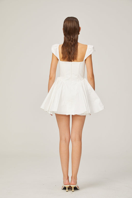 Fiorella White Mini Dress Sleeveless Elastic Detailing Boned Bodice Flared Skirt Decorative Buttons Rear Zip Fastening Thigh-Length 65% Cotton 32% Nylon 3% Elastane
