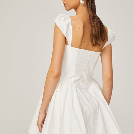 Fiorella White Mini Dress Sleeveless Boned Bodice Pleat Detailing Flared Skirt Decorative Buttons Rear Zip Fastening