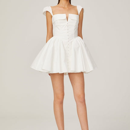 Fiorella White Mini Dress Sleeveless Boned Bodice Flared Skirt Decorative Buttons