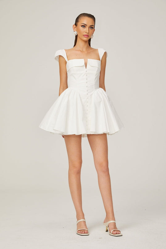 Fiorella White Mini Dress Sleeveless Boned Bodice Flared Skirt Decorative Buttons