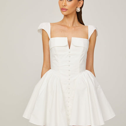 Fiorella White Mini Dress Boned Bodice Pleat Detailing Flared Skirt Decorative Buttons Rear Zip Fastening