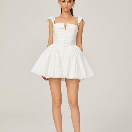 Fiorella White Mini Dress Sleeveless Boned Bodice Flared Skirt Decorative Buttons
