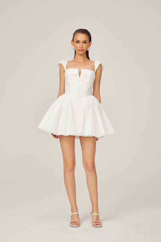Fiorella White Mini Dress Sleeveless Boned Bodice Flared Skirt Decorative Buttons