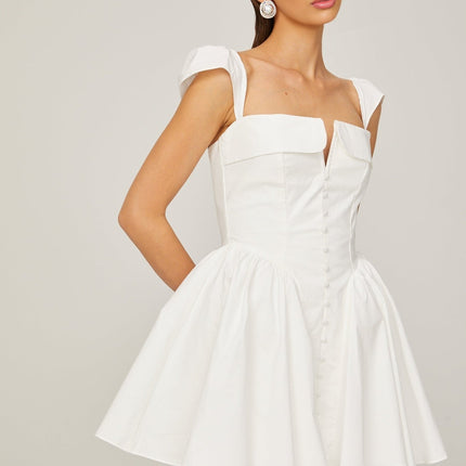Fiorella White Mini Dress Sleeveless Boned Bodice Flared Skirt Decorative Buttons