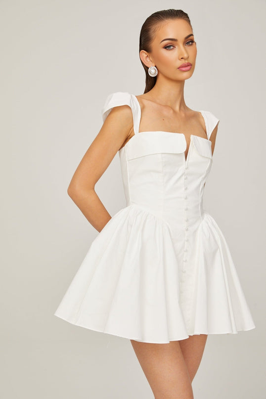 Fiorella White Mini Dress Sleeveless Boned Bodice Flared Skirt Decorative Buttons