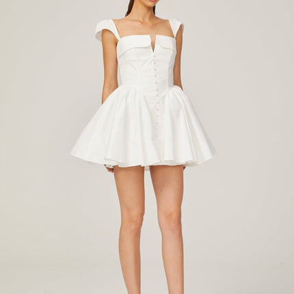 Fiorella White Mini Dress with Folded Split Neck and Sleeveless Design