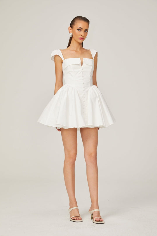 Fiorella White Mini Dress with Folded Split Neck and Sleeveless Design