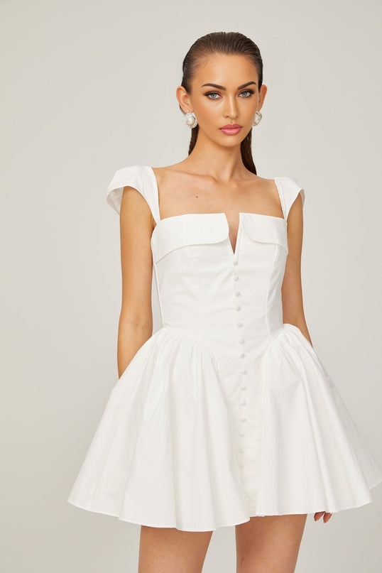 Fiorella White Mini Dress Sleeveless Boned Bodice Flared Skirt