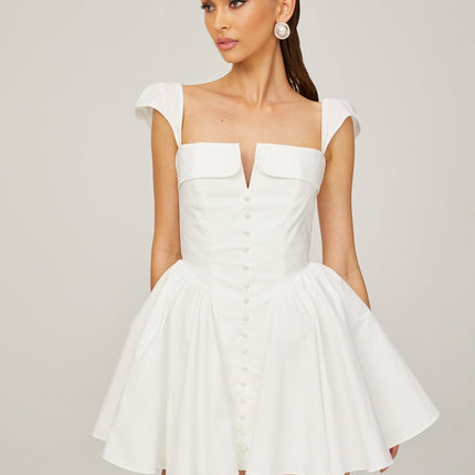 Fiorella White Mini Dress Sleeveless Elastic Boned Bodice Pleat Detailing Flared Skirt Decorative Buttons Rear Zip Fastening Cotton Nylon Elastane