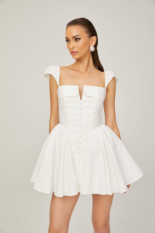 Fiorella White Mini Dress Sleeveless Elastic Boned Bodice Pleat Detailing Flared Skirt Decorative Buttons Rear Zip Fastening Cotton Nylon Elastane