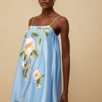 Fiorenza Blue Floral Embroidered Satin Mini Dress