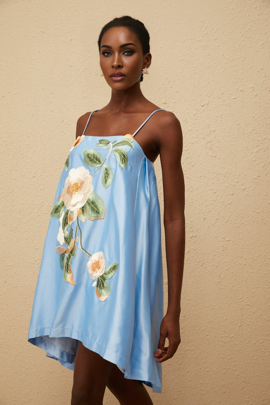 Fiorenza Blue Floral Embroidered Satin Mini Dress