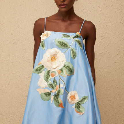 Fiorenza Blue Floral Embroidered Satin Mini Dress