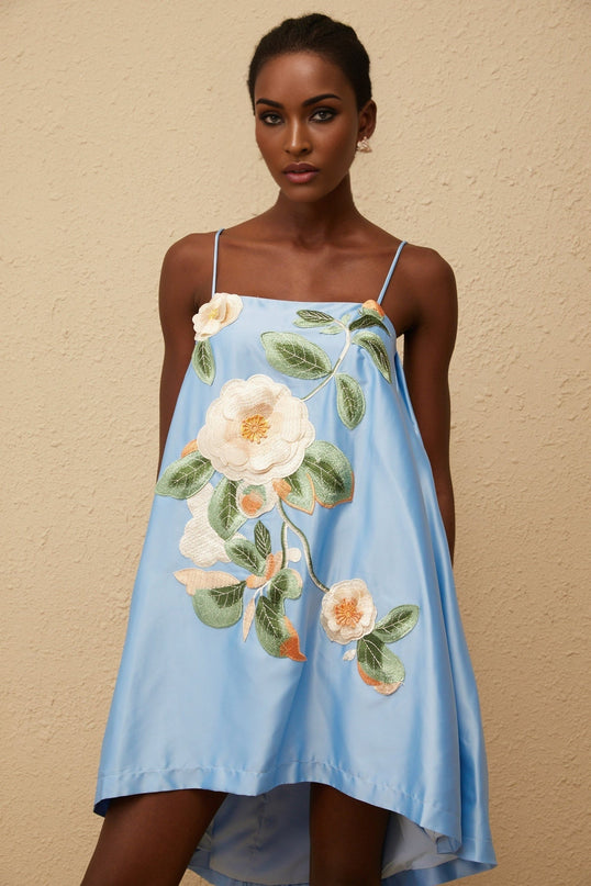 Fiorenza Blue Floral Embroidered Satin Mini Dress