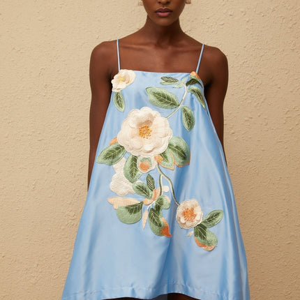 Fiorenza Blue Floral Embroidered Satin Mini Dress