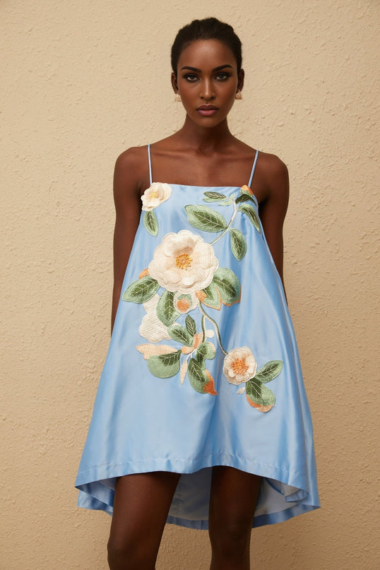 Fiorenza Blue Floral Embroidered Satin Mini Dress