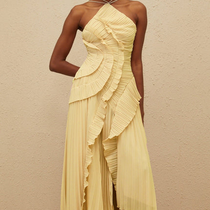 Fiorenza Yellow Halterneck Midi Dress with Ruffled Trim and Front Slit