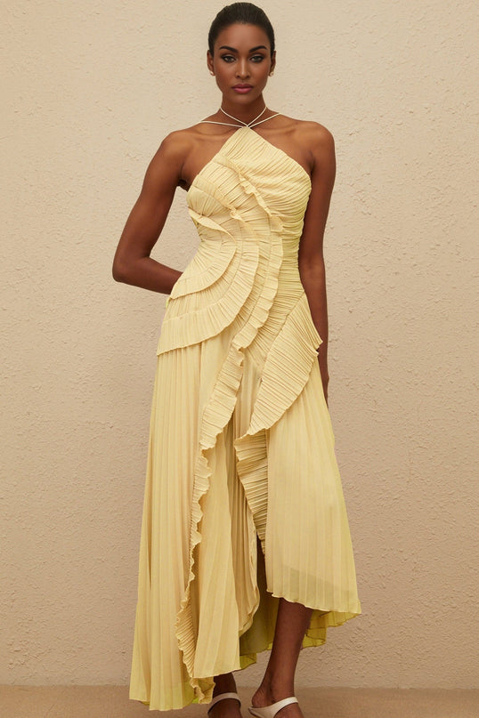 Fiorenza Yellow Halterneck Midi Dress with Ruffled Trim and Front Slit