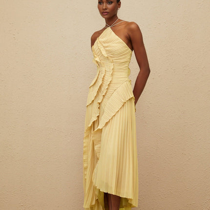 Fiorenza Yellow Halterneck Midi Dress with Ruffled Trim and Front Slit