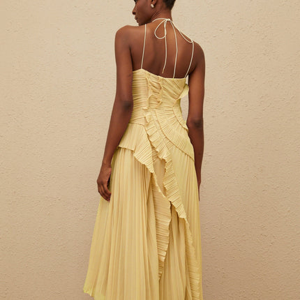 Fiorenza Yellow Midi Dress with Ruffled Trim and Front Slit