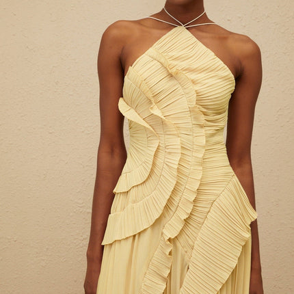 Fiorenza Yellow Halterneck Midi Dress with Ruffled Trim and Front Slit