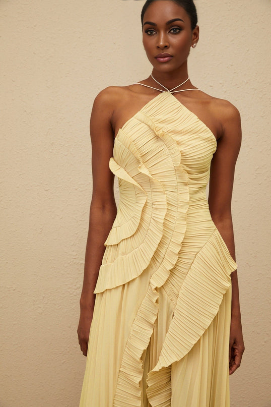 Fiorenza Yellow Halterneck Midi Dress with Ruffled Trim and Front Slit