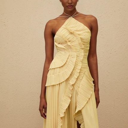 Fiorenza Yellow Halterneck Midi Dress with Ruffled Trim and Front Slit
