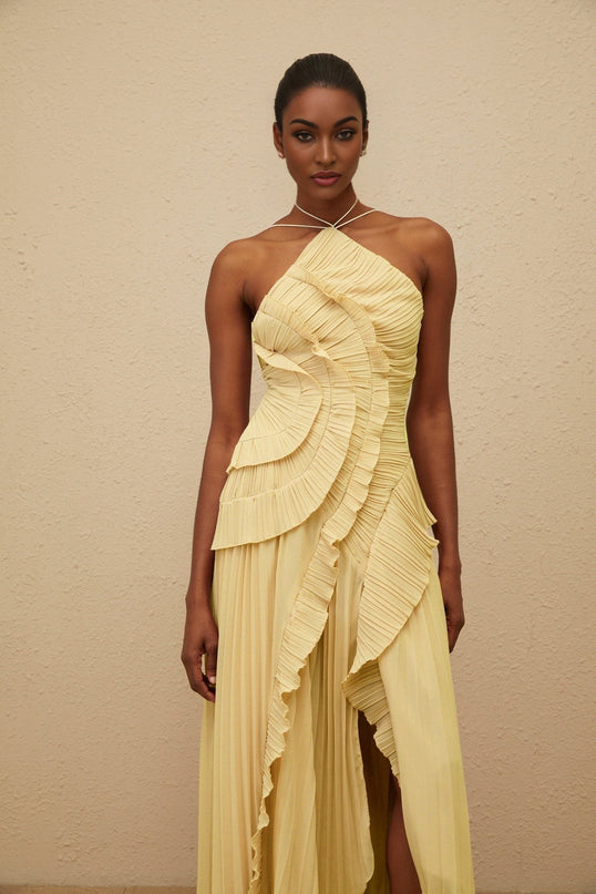 Fiorenza Yellow Halterneck Midi Dress with Ruffled Trim and Front Slit