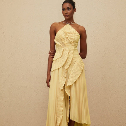 Fiorenza Yellow Halterneck Midi Dress with Ruffled Trim and Front Slit