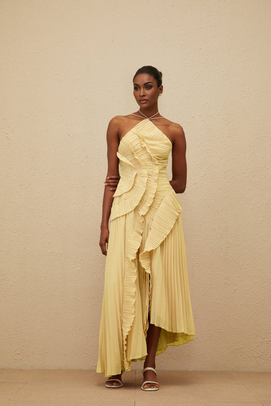Fiorenza Yellow Halterneck Midi Dress with Ruffled Trim and Front Slit