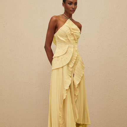 Fiorenza Yellow Midi Dress with Ruffled Trim and Front Slit