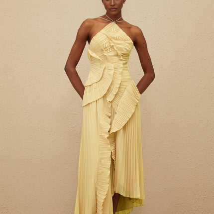 Fiorenza Yellow Halterneck Midi Dress with Ruffled Trim and Front Slit