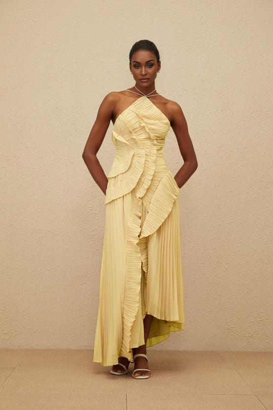 Fiorenza Yellow Halterneck Midi Dress with Ruffled Trim and Front Slit