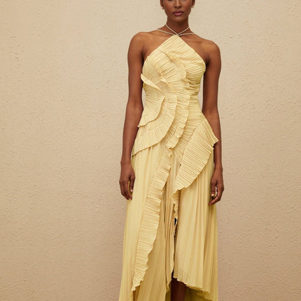 Fiorenza Yellow Halterneck Midi Dress with Ruffled Trim and Front Slit